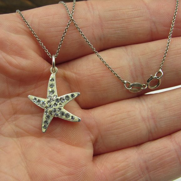 16" Sterling Silver Crystal Starfish Necklace - Picture 2 of 6
